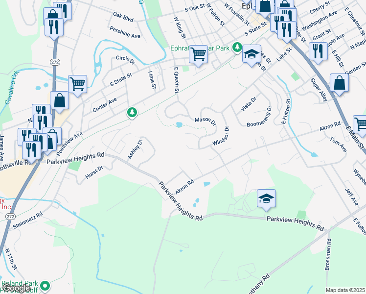 map of restaurants, bars, coffee shops, grocery stores, and more near 257 Windsor Dr in Ephrata