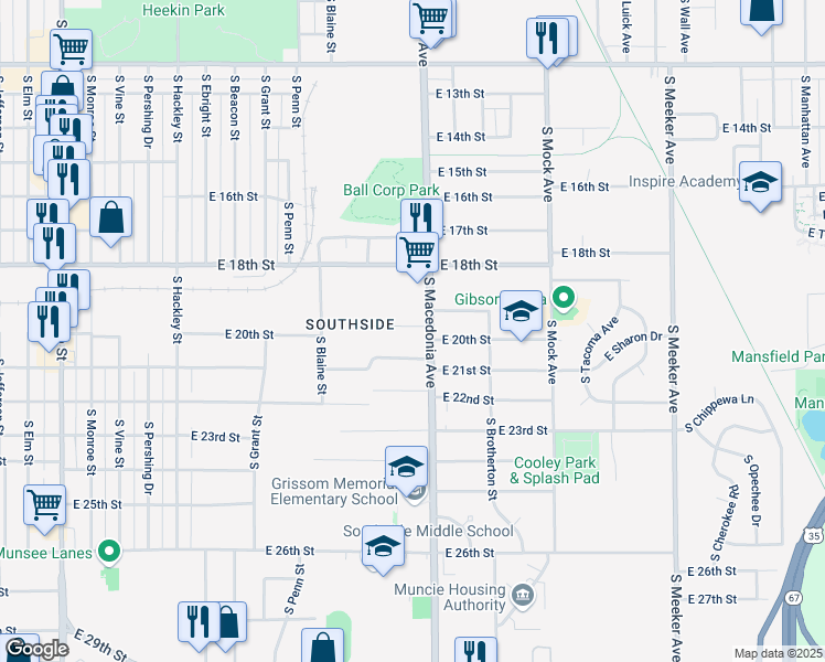 map of restaurants, bars, coffee shops, grocery stores, and more near 1621 East 20th Street in Muncie