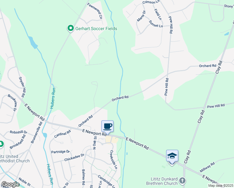 map of restaurants, bars, coffee shops, grocery stores, and more near 850 Orchard Road in Lititz