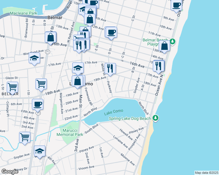map of restaurants, bars, coffee shops, grocery stores, and more near 1821 Belmar Boulevard in Belmar