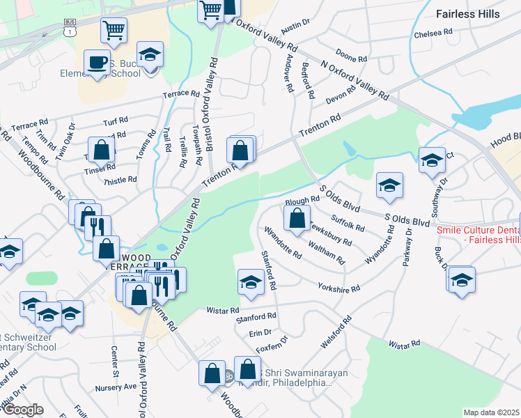map of restaurants, bars, coffee shops, grocery stores, and more near 131 Blough Road in Fairless Hills
