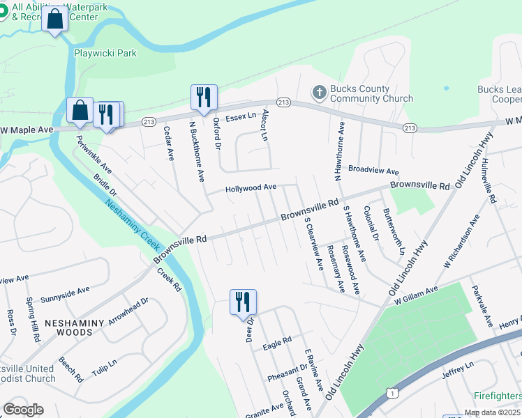 map of restaurants, bars, coffee shops, grocery stores, and more near 119 North Woodbine Avenue in Langhorne