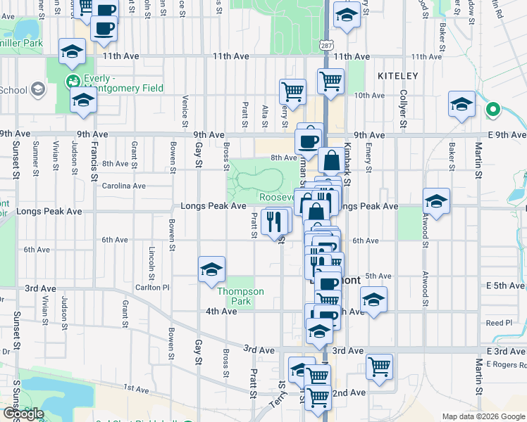map of restaurants, bars, coffee shops, grocery stores, and more near 622 Pratt Street in Longmont