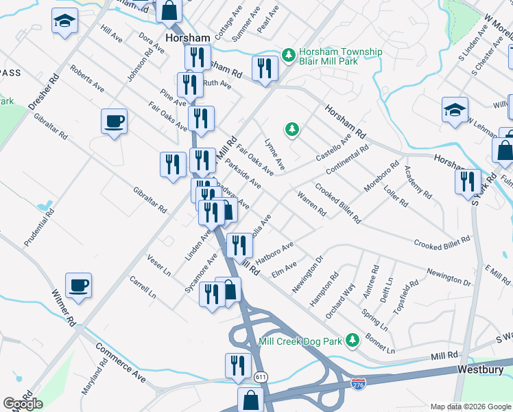 map of restaurants, bars, coffee shops, grocery stores, and more near 2508 Broadway Avenue in Hatboro