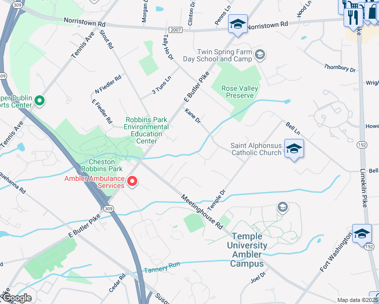 map of restaurants, bars, coffee shops, grocery stores, and more near 11 Willet Drive in Maple Glen