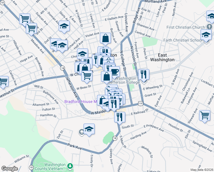 map of restaurants, bars, coffee shops, grocery stores, and more near 1 South Main Street in Washington