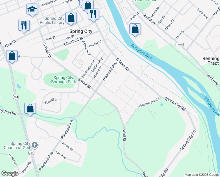 map of restaurants, bars, coffee shops, grocery stores, and more near 539 Buttonwood Street in Spring City
