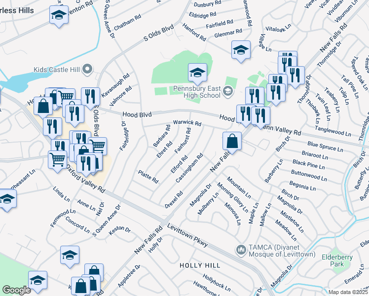 map of restaurants, bars, coffee shops, grocery stores, and more near 512 Fairhurst Road in Fairless Hills