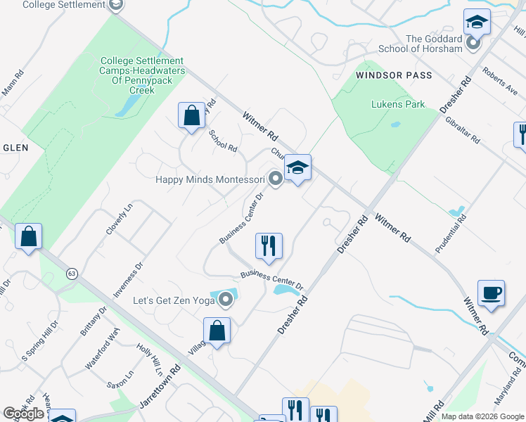 map of restaurants, bars, coffee shops, grocery stores, and more near 1155 Business Center Drive in Horsham