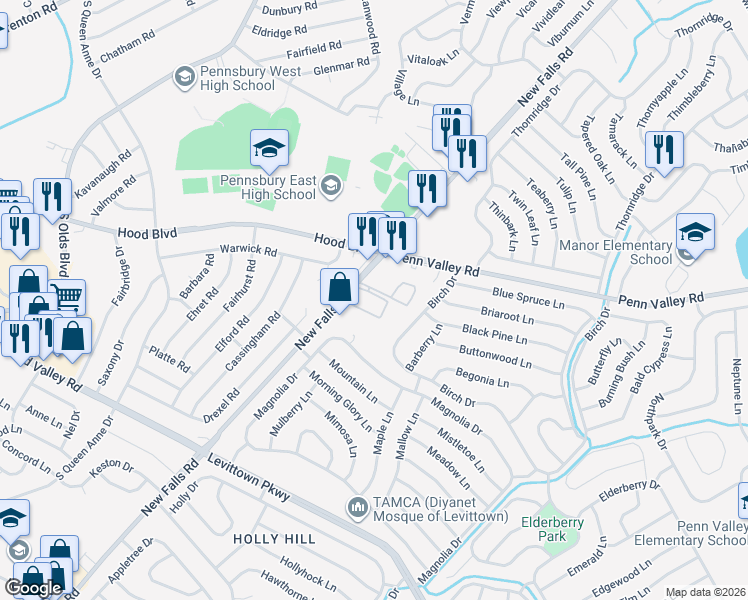 map of restaurants, bars, coffee shops, grocery stores, and more near 8590 New Falls Road in Levittown