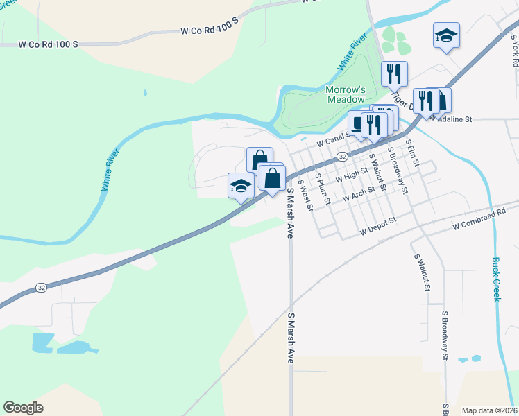 map of restaurants, bars, coffee shops, grocery stores, and more near 9881 Indiana 32 in Yorktown