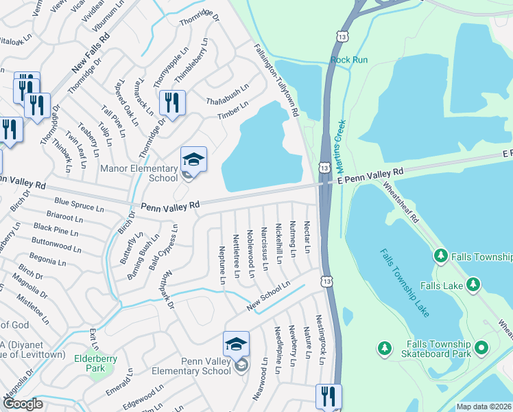 map of restaurants, bars, coffee shops, grocery stores, and more near 70 Noblewood Lane in Levittown