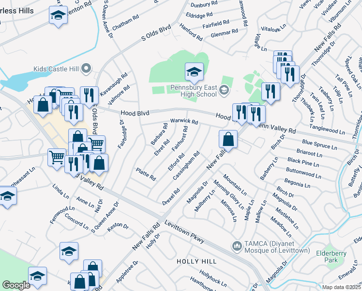 map of restaurants, bars, coffee shops, grocery stores, and more near 512 Fairhurst Road in Fairless Hills