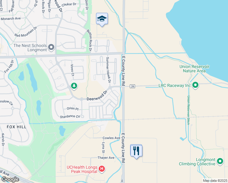 map of restaurants, bars, coffee shops, grocery stores, and more near 730 Summer Hawk Drive in Longmont
