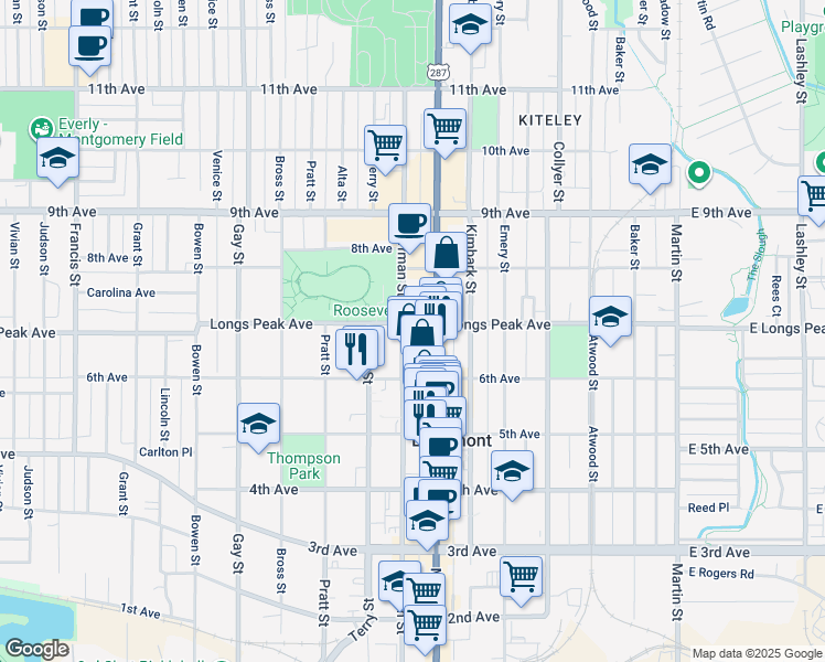 map of restaurants, bars, coffee shops, grocery stores, and more near 624 Coffman Street in Longmont