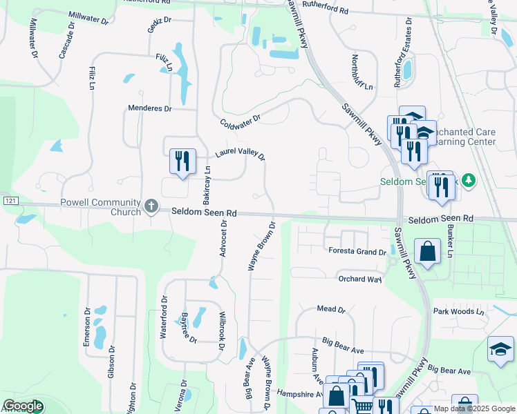 map of restaurants, bars, coffee shops, grocery stores, and more near 4023 Robin Hill Court in Powell