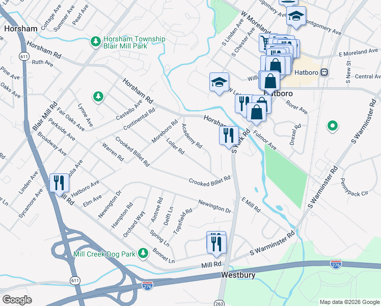 map of restaurants, bars, coffee shops, grocery stores, and more near 108 Loller Road in Hatboro