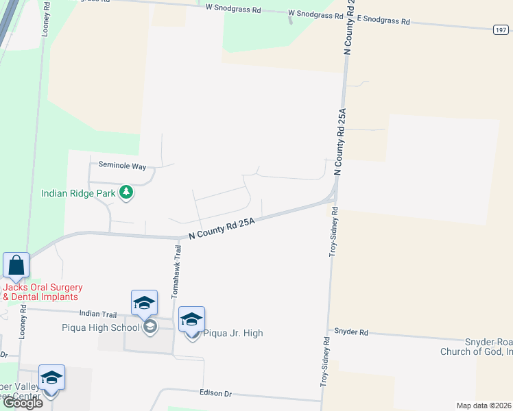 map of restaurants, bars, coffee shops, grocery stores, and more near 3233 Sioux Drive in Piqua