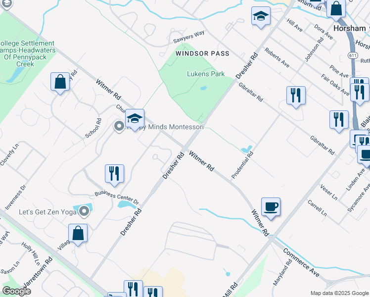 map of restaurants, bars, coffee shops, grocery stores, and more near Dresher Rd & Witmer Rd in Horsham