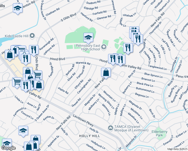 map of restaurants, bars, coffee shops, grocery stores, and more near 508 Cassingham Road in Fairless Hills