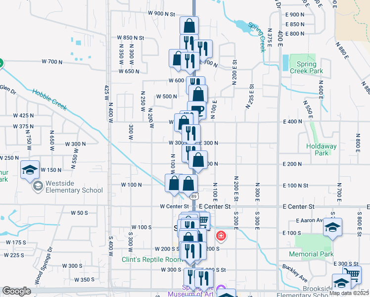 map of restaurants, bars, coffee shops, grocery stores, and more near 224 North 100 West in Springville