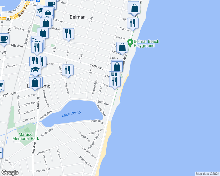map of restaurants, bars, coffee shops, grocery stores, and more near 110 19th Avenue in Belmar