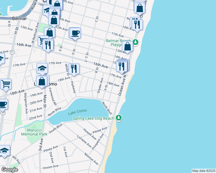 map of restaurants, bars, coffee shops, grocery stores, and more near 110 19th Avenue in Belmar