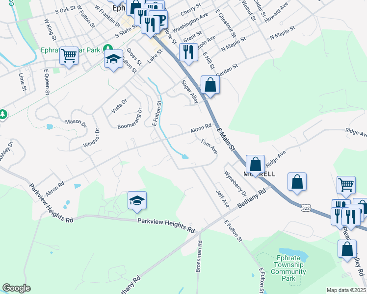 map of restaurants, bars, coffee shops, grocery stores, and more near 224 East Fulton Street in Ephrata