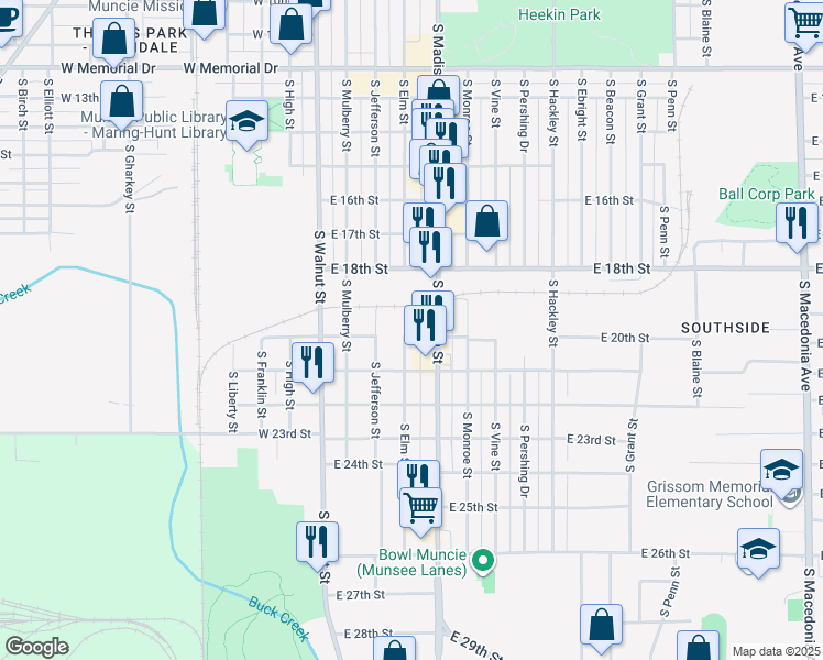 map of restaurants, bars, coffee shops, grocery stores, and more near 2701-2799 South Elm Street in Muncie