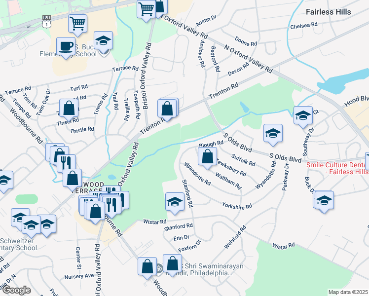 map of restaurants, bars, coffee shops, grocery stores, and more near 129 Blough Road in Fairless Hills