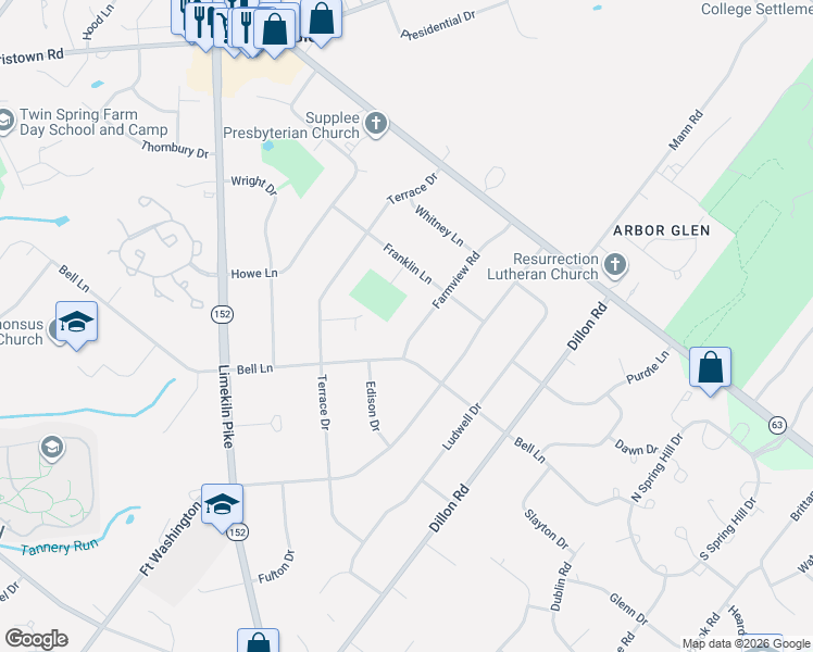 map of restaurants, bars, coffee shops, grocery stores, and more near 1066 Bell Lane in Maple Glen