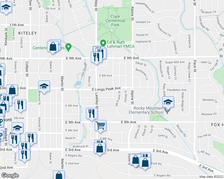 map of restaurants, bars, coffee shops, grocery stores, and more near 235 East Longs Peak Avenue in Longmont