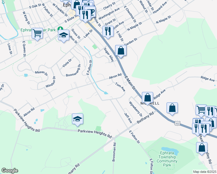 map of restaurants, bars, coffee shops, grocery stores, and more near 124 Julie Ann Court in Ephrata