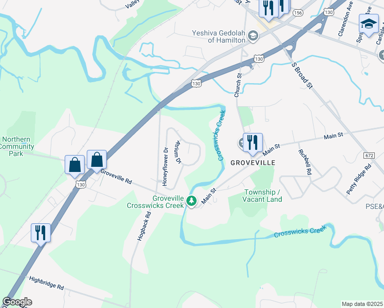 map of restaurants, bars, coffee shops, grocery stores, and more near 4 Arbor Court in Trenton
