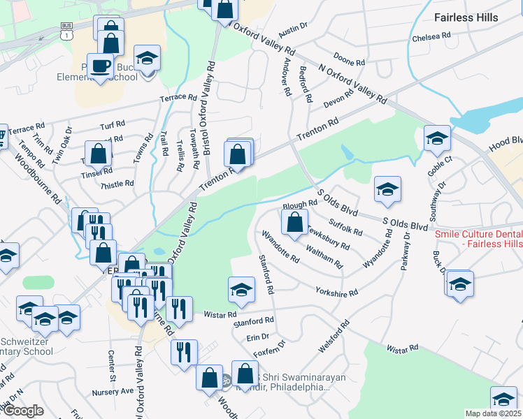 map of restaurants, bars, coffee shops, grocery stores, and more near 129 Blough Road in Fairless Hills