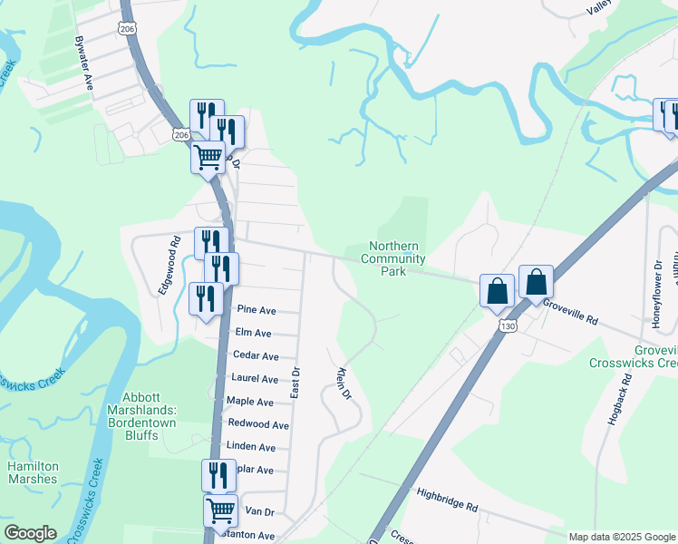 map of restaurants, bars, coffee shops, grocery stores, and more near 3 Klein Drive in Trenton
