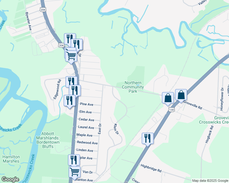 map of restaurants, bars, coffee shops, grocery stores, and more near 3 Klein Drive in Trenton