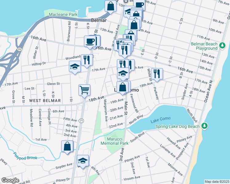 map of restaurants, bars, coffee shops, grocery stores, and more near 712 1/2 18th Avenue in Belmar