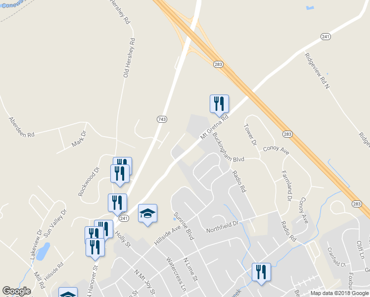map of restaurants, bars, coffee shops, grocery stores, and more near 620 Mount Gretna Road in Elizabethtown