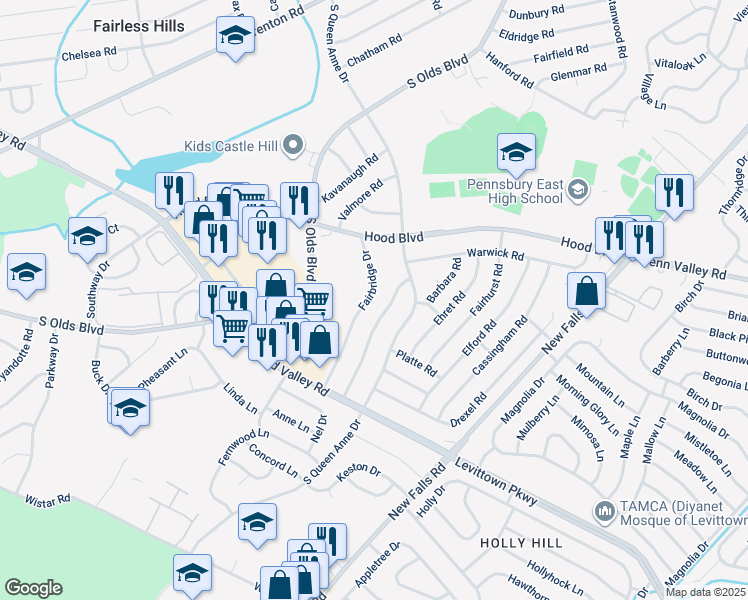 map of restaurants, bars, coffee shops, grocery stores, and more near 718 Fairbridge Dr in Fairless Hills