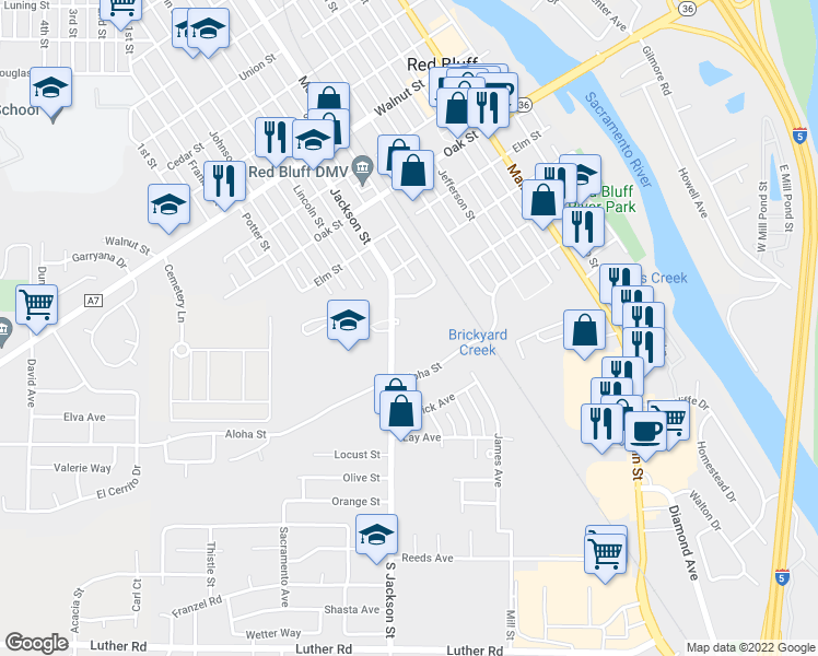 map of restaurants, bars, coffee shops, grocery stores, and more near 228 Jackson Street in Red Bluff