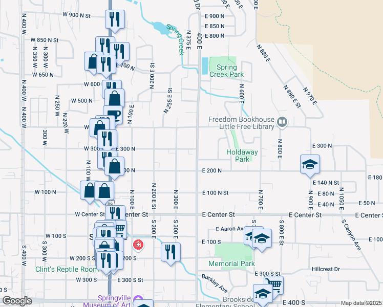 map of restaurants, bars, coffee shops, grocery stores, and more near 333 East 200 North in Springville