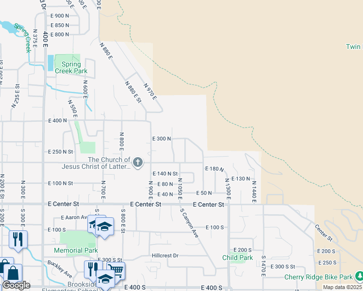 map of restaurants, bars, coffee shops, grocery stores, and more near 231 North 1100 East Street in Springville