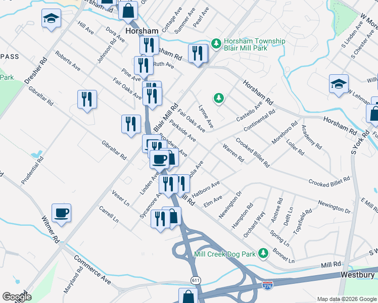 map of restaurants, bars, coffee shops, grocery stores, and more near 2508 Broadway Avenue in Hatboro