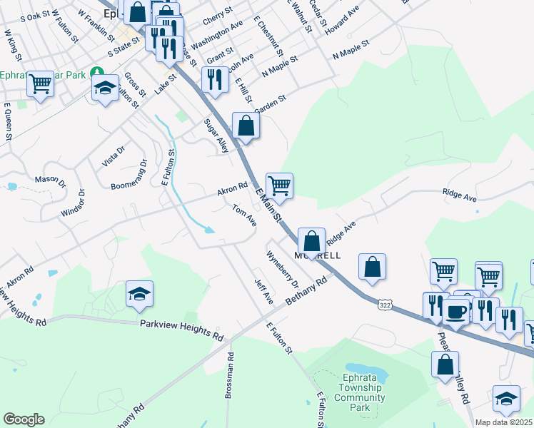 map of restaurants, bars, coffee shops, grocery stores, and more near 657 East Main Street in Ephrata