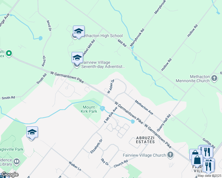 map of restaurants, bars, coffee shops, grocery stores, and more near 23 West Adair Drive in Norristown