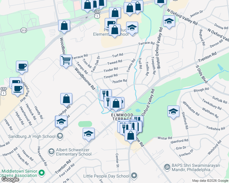 map of restaurants, bars, coffee shops, grocery stores, and more near 74 Twin Oak Drive in Levittown