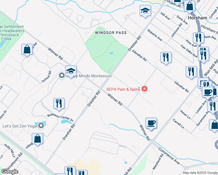 map of restaurants, bars, coffee shops, grocery stores, and more near 555 Dresher Road in Horsham