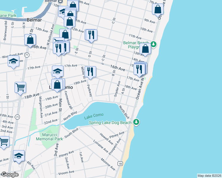 map of restaurants, bars, coffee shops, grocery stores, and more near 301 19th Avenue in Belmar