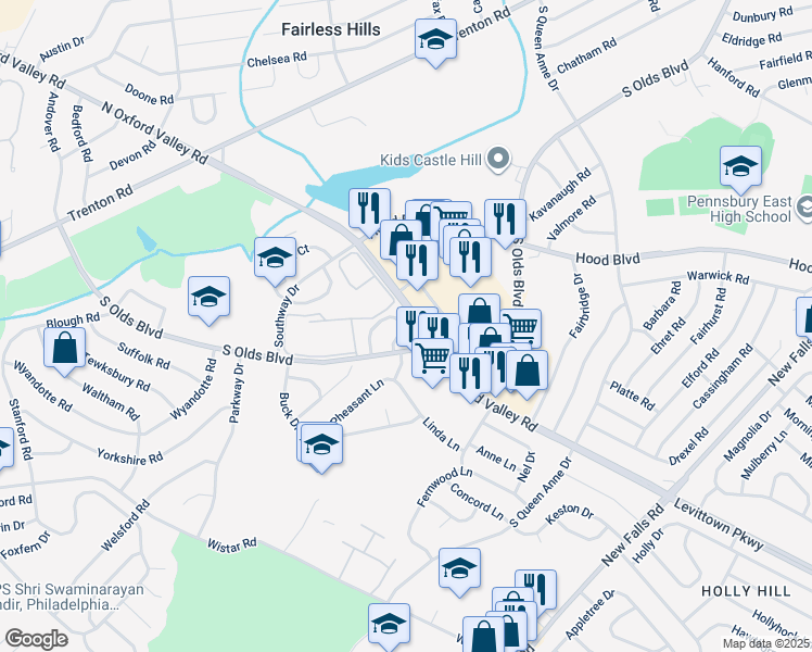 map of restaurants, bars, coffee shops, grocery stores, and more near 216 Chilton Way in Fairless Hills